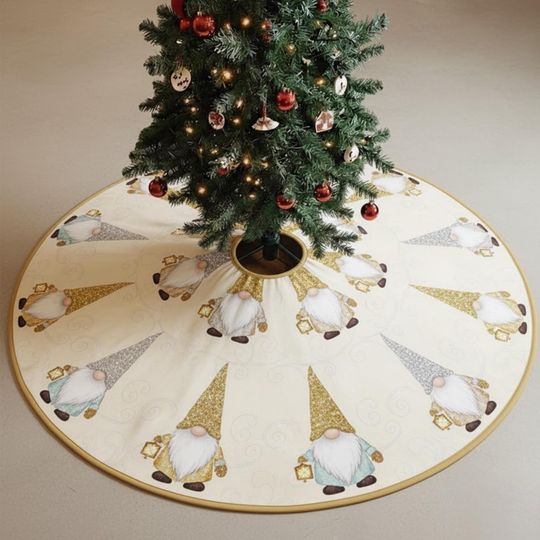 Discover Gold Gnome Christmas Tree Skirt, Scandinavian Holiday Decor, Glitter Gnome Quilted Mat, Elegant Cream Tree Skirt Gift