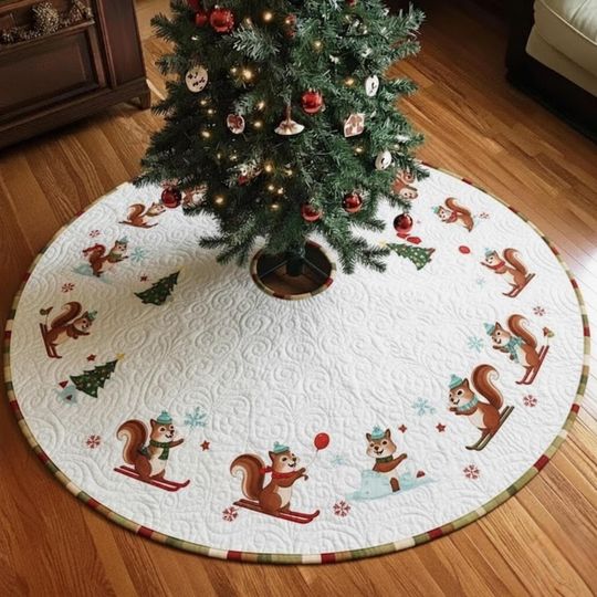 Discover Skiing Squirrel Christmas Tree Skirt, Cute Animal Winter Decor, Quilted Woodland Holiday Mat, White Xmas Tree Skirt Gift