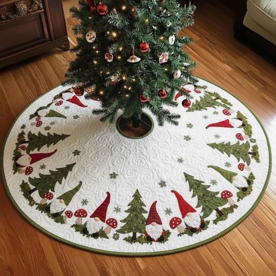 Discover Christmas Gnome christmas Tree Skirt, White Quilted Holiday Mat with Red Hat Gnomes and Pine Trees, Nordic Winter Decor christmas Tree Skirt