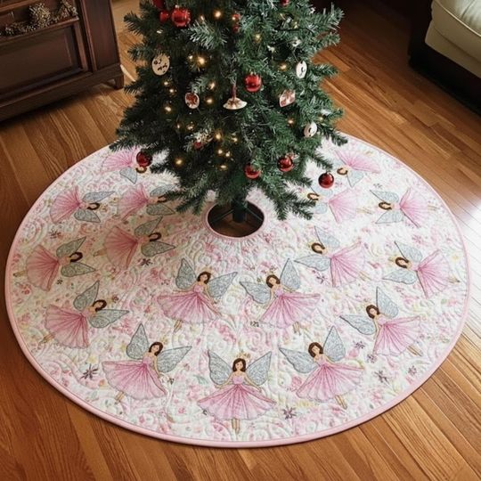 Discover Pink Fairy Christmas Tree Skirt, Quilted Holiday Skirt with Dancing Fairy Design,Magical Christmas Decor for Girls Pink Christmas Tree Skirt