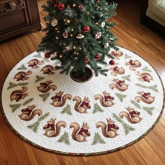 Discover Plaid Scarf Squirrel Christmas Tree Skirt, Forest Winter Quilted Mat, Cozy Woodland Holiday Decor, White Xmas Tree Gift