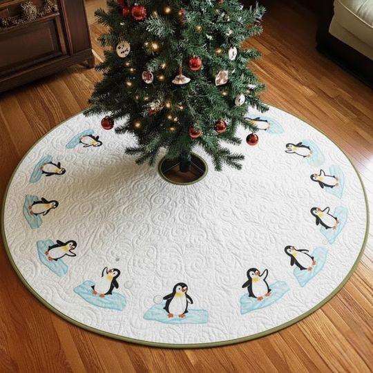 Discover Ice Penguin Christmas Tree Skirt, Blue and White Winter Wonderland Decor, Quilted Holiday Mat, Cute Polar Xmas Gift