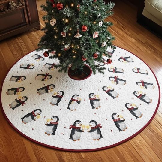 Discover Cozy Penguin Christmas Tree Skirt, Red Scarf and Candle Design, Quilted Winter Holiday Mat, Cute Handmade Xmas Gift