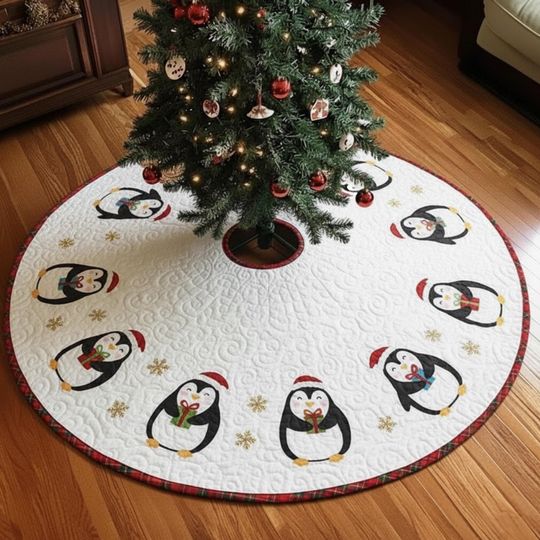 Discover Gift Penguin Christmas Tree Skirt, Snowflake Winter Decor, Quilted Holiday Animal Mat, Cozy White Xmas Tree Gift
