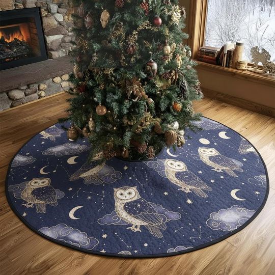 Discover Stargazer Owl Tree Skirt, Celestial Blue Night Sky, Constellation Quilted Xmas Decor, Unique Winter Holiday Gift