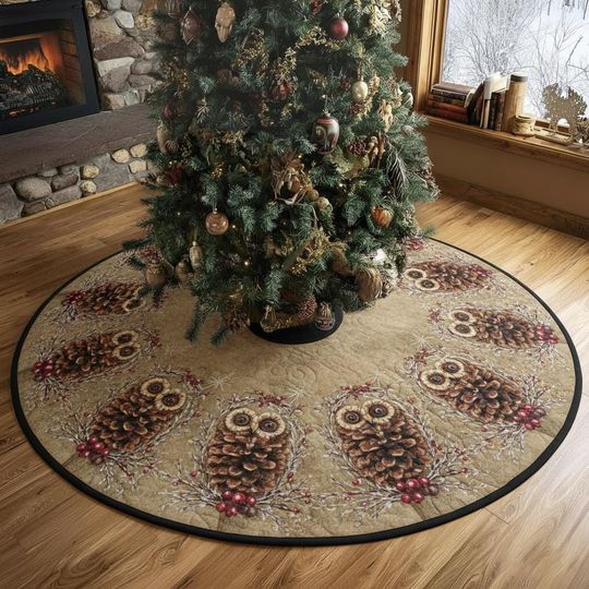 Discover Pinecone Owl Wreath Tree Skirt, Rustic Winter Forest Theme, Tan and Brown Holiday Decor, Nature-Inspired Christmas Decoration