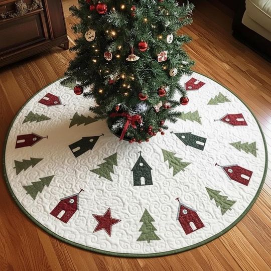 Discover Simple Village Tree Skirt, Quilted Houses and Trees Icon Ring, Classic Red Green Holiday Decoration, White Winter Xmas Decor