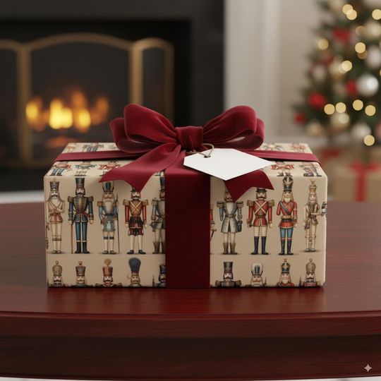 Christmas Gift Wrap Nutcracker Toy Soldier Gift Wrapping Paper Festive Green Beige Wrap Tan Xmas Detailed Soldiers Holiday Gift Wrap Roll