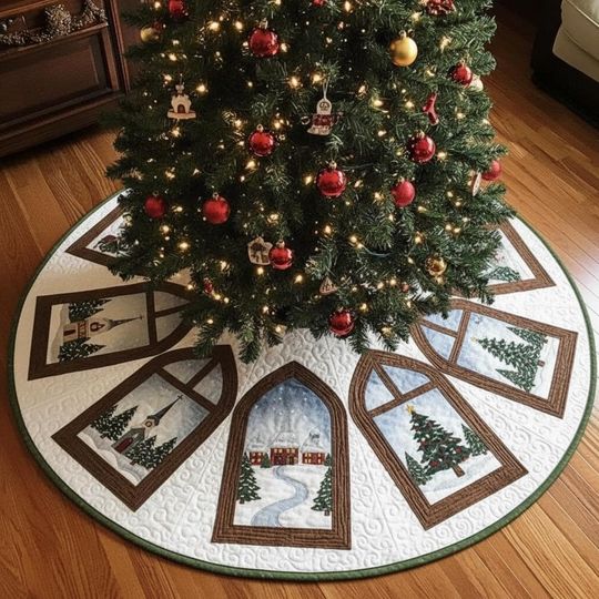 Discover Quilted Village Window Views Tree Skirt, Cozy Winter Scenes, White Snow Landscape Holiday Decor, Traditional Christmas Home