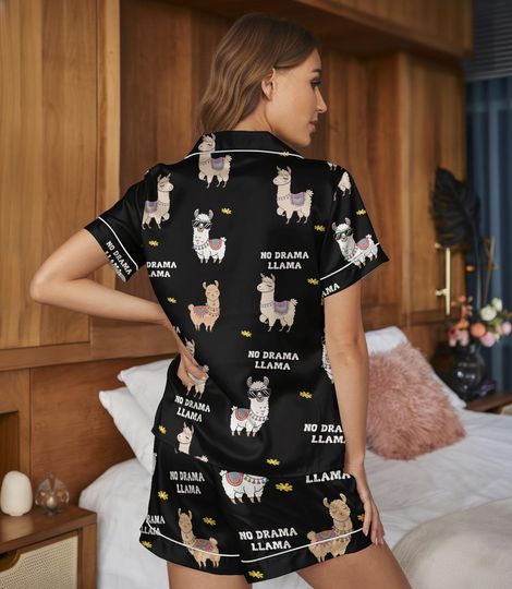 Discover Llama Satin Pajama Set, Cute Cartoon Short Sleeve Sleepwear, Animal Print Nightwear Gift For Women, Cozy Holiday Loungewear, Christmas