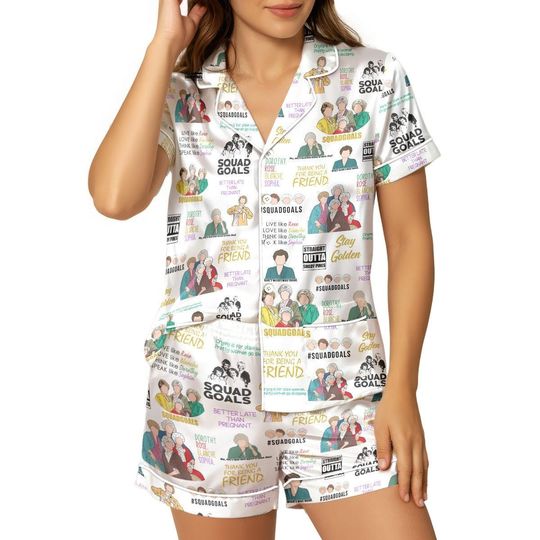 Discover Stay Golden Satin Pajama Set, Cute Cartoon Short Sleeve Sleepwear, TV Show Nightwear Gift For Women, Cozy Comedy Loungewear, Holiday G