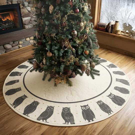 Discover Modern Owl Silhouette Tree Skirt, Black and Cream Color Block, Contemporary Woodland Animal Xmas Decor, Unique Holiday Home