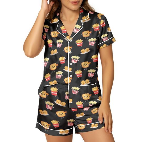 Discover Fast Food Satin Pajama Set, Cute Cartoon Short Sleeve Sleepwear, Snack Print Nightwear Gift For Women, Fun Holiday Surprise