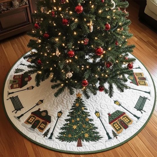 Discover Quilted Town Square Tree Skirt, Village Houses and Central Xmas Tree, Lamppost Snow Scene Holiday Decoration, Festive Decor
