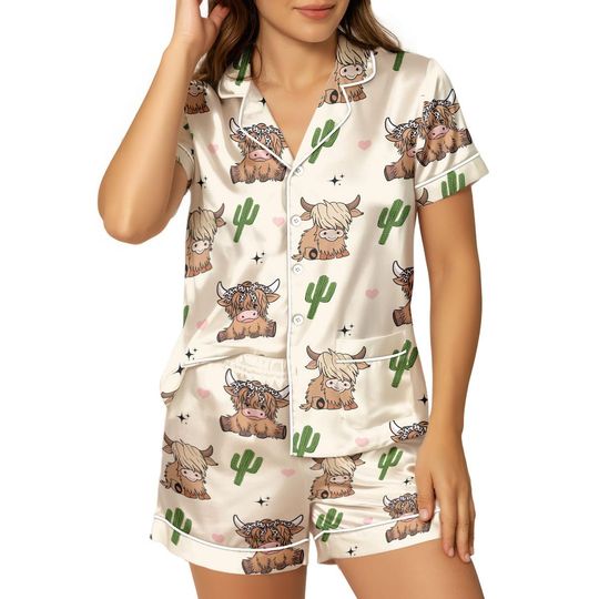 Discover Highland Cow Satin Pajama Set, Cute Cartoon Short Sleeve Sleepwear, Animal Print Nightwear Gift For Women, Cozy Holiday Gift