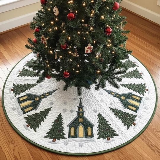 Discover Quilted White Church Tree Skirt, Pine Trees Ring, Snow Scene Holiday Decor, Traditional Green and Gold Xmas Decoration