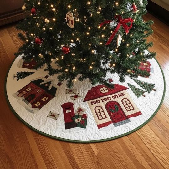 Discover Quilted Village Post Office Tree Skirt, Cozy Red Buildings Snow Scene, Unique Holiday Decor, Traditional Christmas Decoration