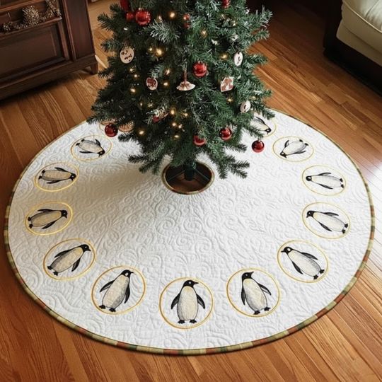 Discover Minimalist Penguin Christmas Tree Skirt, Gold Circle Design, Quilted Modern Winter Decor, Elegant Holiday Tree Gift