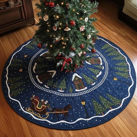 Midnight Sleigh Ride Tree Skirt, Quilted Santa and Reindeer Path, Dark Blue Winter Night Scene, Traditional Holiday Decor