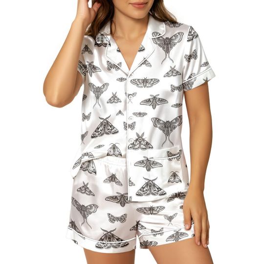 Moth Print Short Pajamas Set with Pocket, Short Sleeve Nightwear for Women, Cozy Loungewear, Holiday Gift