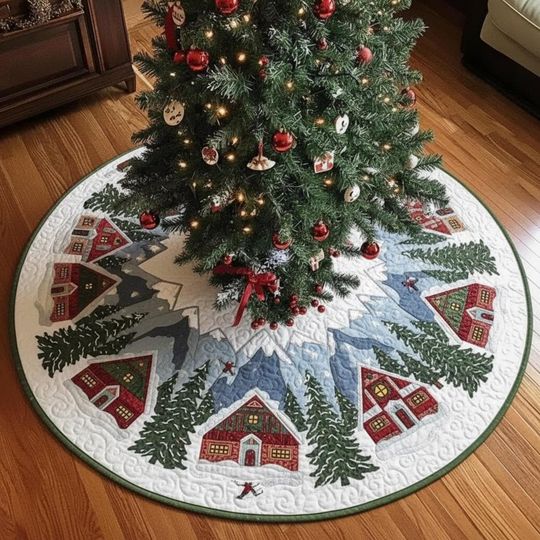 Discover Alpine Ski Village Tree Skirt, Mountain Chalets and Snowy Pines, Red Blue White Quilted Holiday Decoration, Winter Scene