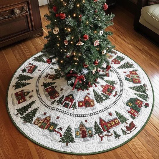 Discover Gingerbread Cottage Circle Tree Skirt, Snowman and Pine Trees, Quilted Village Scene, Traditional Red Green Xmas Decor