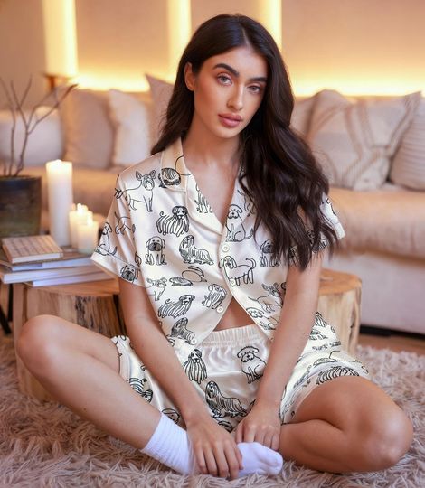 Discover Dog Print Satin Christmas Pajama Set, Cute Short Sleeve Sleepwear, Puppy Pattern Nightwear Gift For Women, Cozy Holiday Loungewear Gift