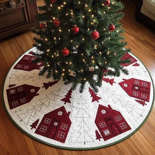 Discover Folk Art Holiday Town Tree Skirt, Quilted Red Houses and Geometric Trees, Minimalist Winter Scene, Rustic Xmas Decor