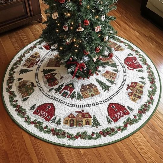 Discover Farmhouse Barn and Village Tree Skirt, Quilted Holly Berry Garland Border, Rustic Red Green Holiday Home Decoration