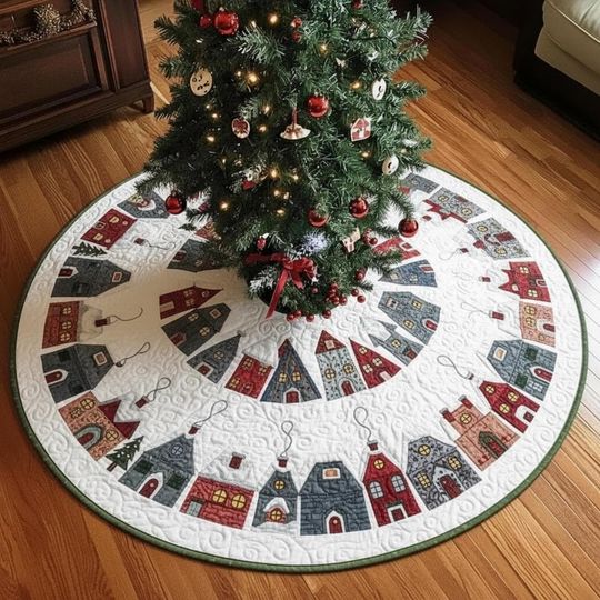 Discover Village Rooftops from Above Tree Skirt, Quilted Snow Scene Houses, Red Grey Blue Winter Holiday Decoration, Townscape Decor