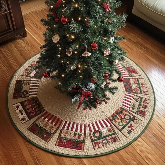 Discover Quilted Holiday Market Tree Skirt, Gingerbread Stalls and Christmas Wreaths, Traditional Red Green Tan Xmas Decoration