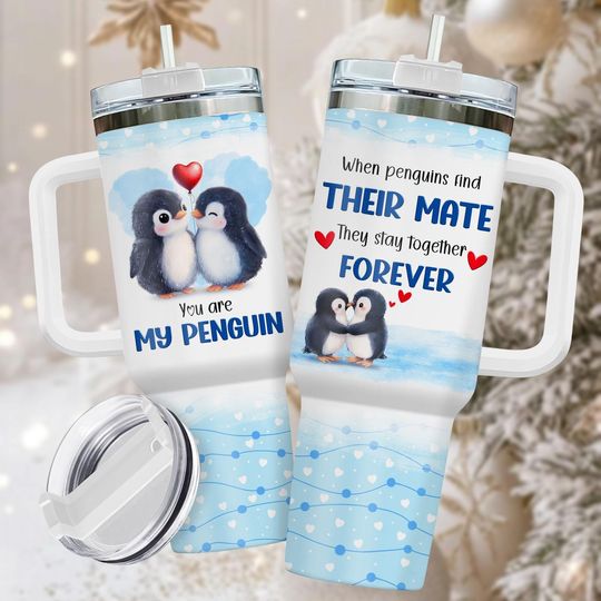 Discover Penguin Love 40oz Tumbler, Insulated Stainless Tumbler With Handle, Cute Coffee Cup Gift For Her, Romantic Drinkware For Couples, Valen