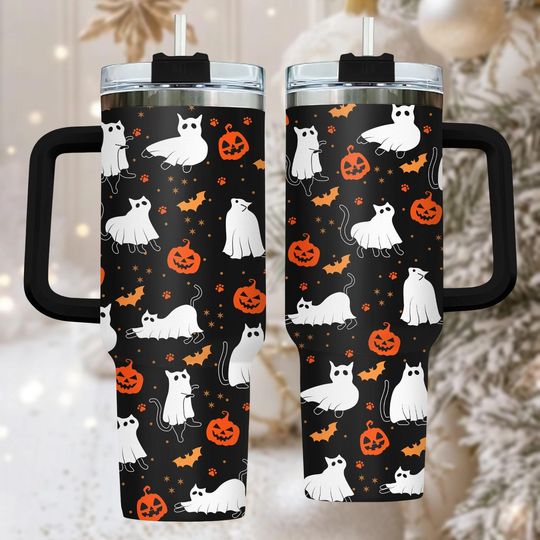 Discover Halloween Cat 40oz Tumbler, Stainless Steel Tumbler With Handle, Spooky Coffee Cup Gift For Her, Fall Drinkware For Travel, Holiday Gif