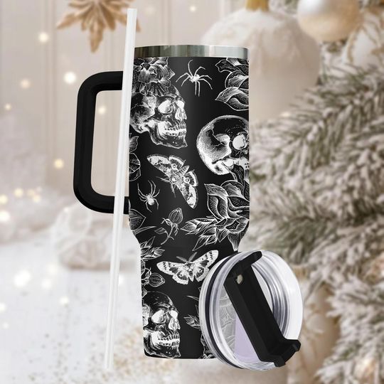 Discover Gothic 40oz Tumbler, Engraved Stainless Tumbler With Handle, Halloween Drinkware Gift For Her, Spooky Skull Mug For Travel, Christmas G