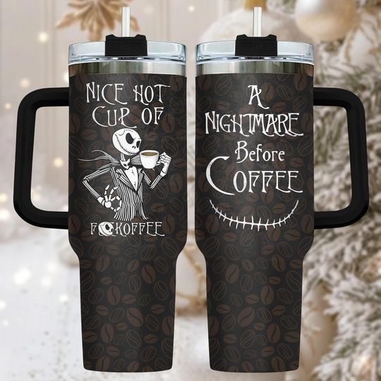 Discover Nightmare Before Christmas 40oz Tumbler, Engraved Stainless Tumbler With Handle, Halloween Coffee Cup Gift For Her, Holiday Drinkware,