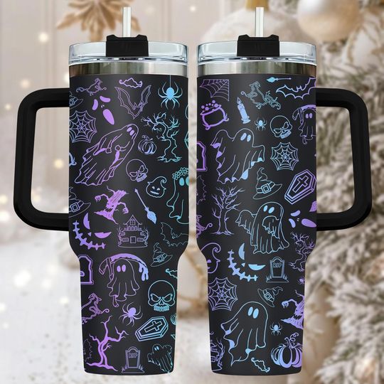 Discover Halloween 40oz Tumbler, Engraved Stainless Tumbler With Handle, Spooky Drinkware Gift For Her, Halloween Cup For Travel, Christmas Gift