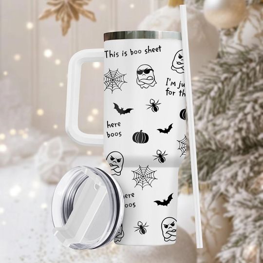 Discover Halloween 40oz Tumbler, Engraved Stainless Tumbler With Handle, Spooky Coffee Cup Gift For Her, Holiday Drinkware For Travel, Christmas