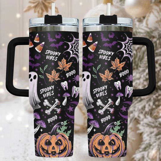 Discover Halloween 40oz Tumbler, Spooky Stainless Tumbler With Handle, Fall Coffee Cup Gift For Her, Holiday Drinkware For Travel, Christmas Gif