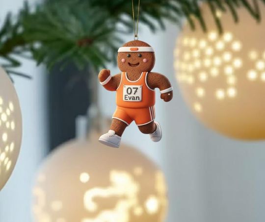 Discover Custom Name Track Runner Gingerbread Ornament: Brunette Girl, Marathon Keepsake, Personalized Runner Ornament 2025