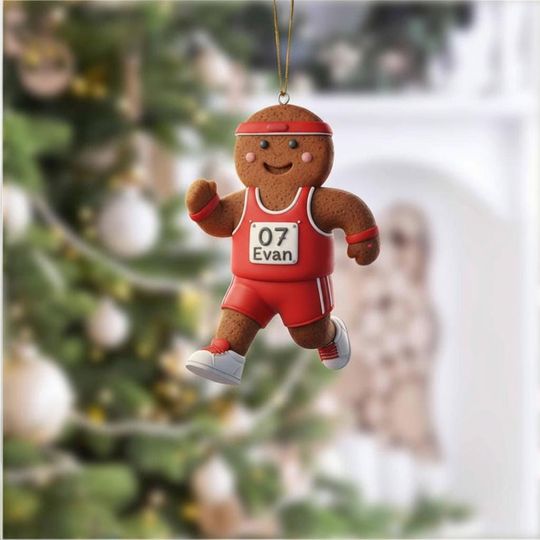 Custom Name Track Runner Gingerbread Ornament: Brunette Girl, Marathon Keepsake, Personalized Runner Ornament 2025