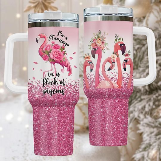 Discover Flamingo 40oz Tumbler With Handle, Inspirational Gift For Her, Drinkware For Travel, Christmas Gift