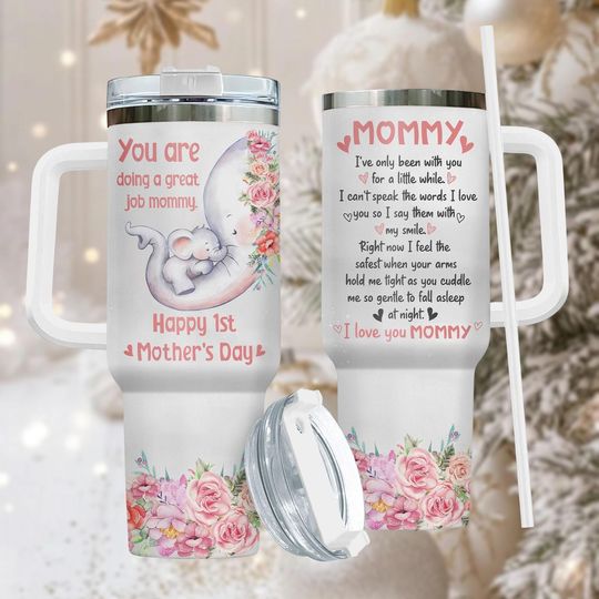 Discover Mother's Day 40oz Tumbler, Floral Stainless Tumbler With Handle, Mom Gift For Her, First Mother's Day Drinkware, Sentimental Present
