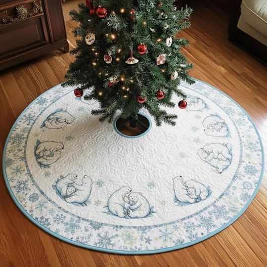 Discover Blue Polar Bear Family Christmas Tree Skirt, Quilted White Holiday Skirt with Snowflake and Bear Pattern, Arctic Winter Decor
