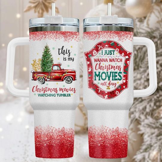 Discover Christmas Movies 40oz Tumbler With Handle, Holiday Drinkware Gift For Her, Festive Cup For Movie Nights
