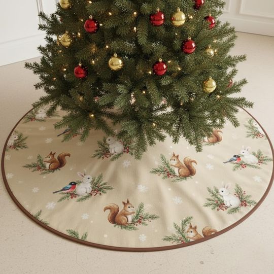 Forest Animal Christmas Tree Skirt, Squirrel and Bunny Holiday Decor, Beige Woodland Tree Mat, Cozy Winter Quilted Gift