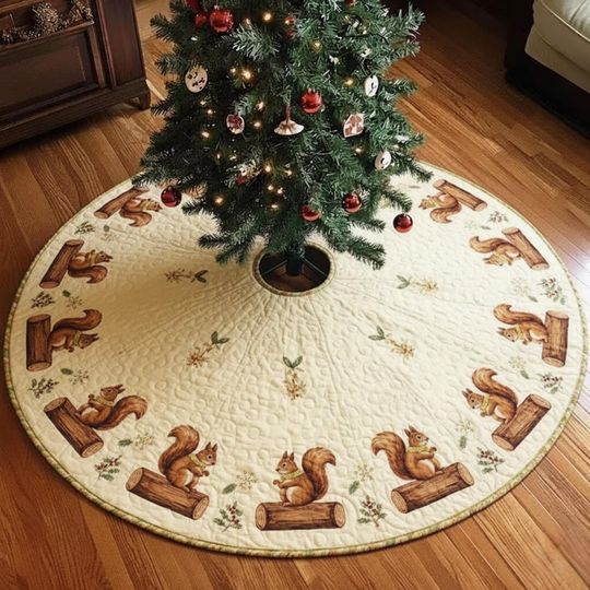 Woodland Squirrel Christmas Tree Skirt, Rustic Forest Log Design, Quilted Holiday Tree Mat, Warm Beige Winter Decor Gift