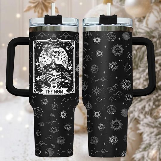 Discover Gothic Skeleton 40oz Tumbler With Handle, Macabre Coffee Cup Gift For Her, Halloween Drinkware For Mom, Birthday