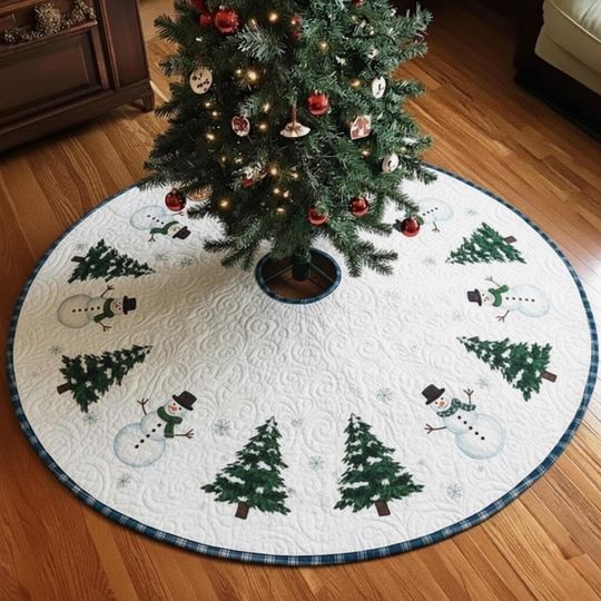 Discover Snowman and Tree Christmas Tree Skirt, Quilted Winter Scene Mat, Green Pine and Snow Holiday Decor, Handmade Xmas Tree Gift