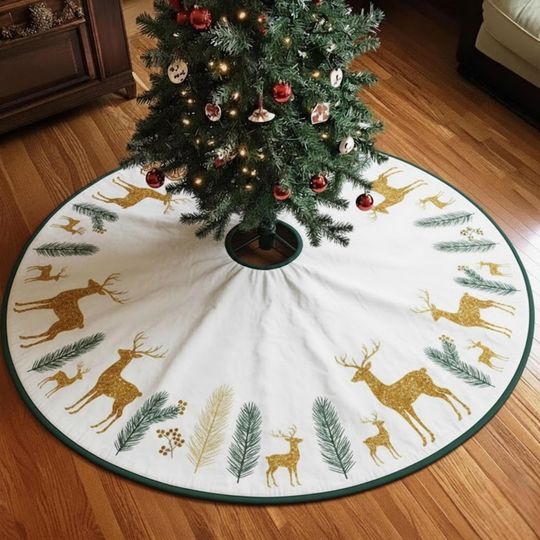 Discover Golden Reindeer Christmas Tree Skirt, Pine Branch Holiday Mat, Elegant Quilted Winter Decor, White and Gold Xmas Tree Gift