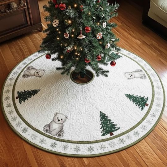 Discover Polar Bear Christmas Tree Skirt, White Quilted Holiday Mat with Cute Bears and Pine Trees, Cozy Winter Decor Polar Bear Christmas Tree Skirt